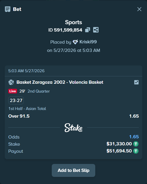 Bet slip: Basket Zaragoza 2002 - Valencia Basket, $31,361.33 stake at 1.65 odds, placed by Kriski99