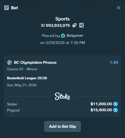 Bet slip: Basketball League 25/26, $11,011.00 stake at 1.40 odds, placed by Betyoner