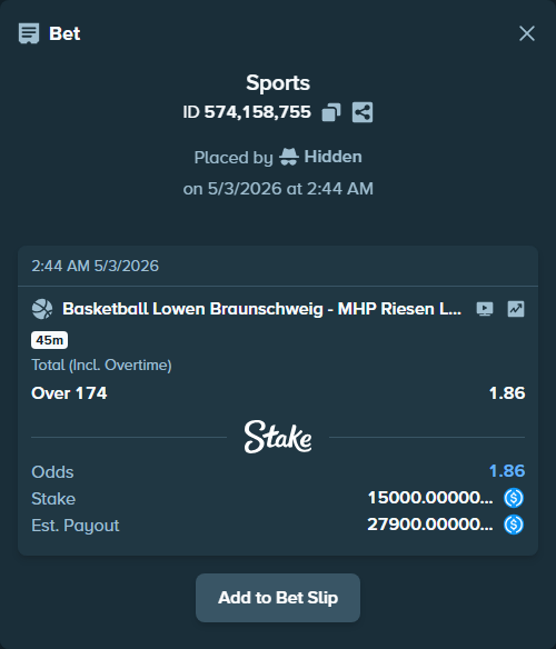 Bet slip: Basketball Lowen Braunschweig - Riesen Ludwigsburg, $15,000.00 stake at 1.86 odds, placed by Hidden