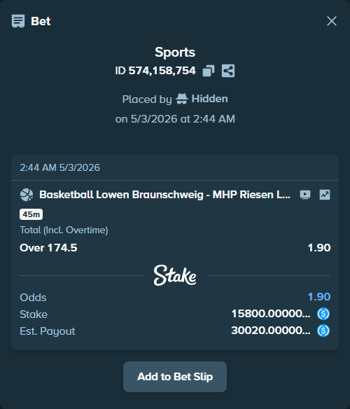 Bet slip: Basketball Lowen Braunschweig - Riesen Ludwigsburg, $15,800.00 stake at 1.90 odds, placed by Hidden