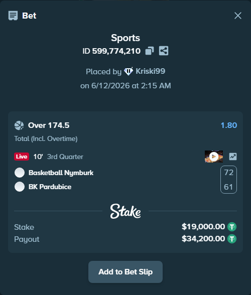 Bet slip: Basketball Nymburk - BK Pardubice, $19,019.00 stake at 1.80 odds, placed by Kriski99