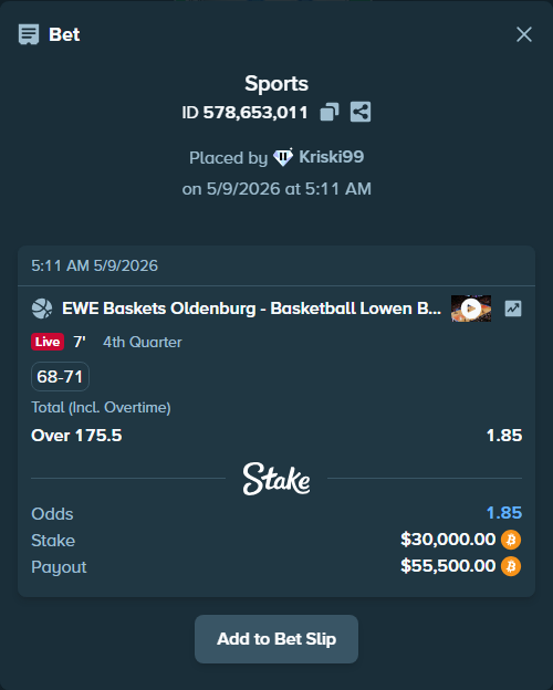 Bet slip: Baskets Oldenburg - Basketball Lowen Braunschweig, $24,105.75 stake at 1.85 odds, placed by Kriski99