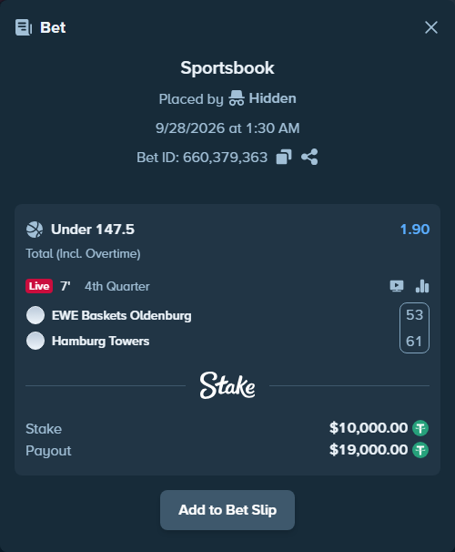 Bet slip: Baskets Oldenburg - Hamburg Towers, $10,000.00 stake at 1.90 odds, placed by Kriski99
