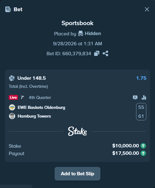 Bet slip: Baskets Oldenburg - Hamburg Towers, $10,000.00 stake at 1.75 odds, placed by Kriski99