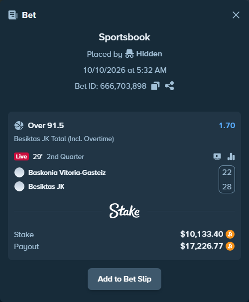 Bet slip: Baskonia Vitoria-Gasteiz - Besiktas JK, $10,157.10 stake at 1.70 odds, placed by Hidden
