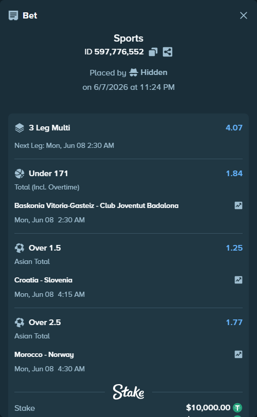 Bet slip: Baskonia Vitoria-Gasteiz - Club Joventut Badalona, $10,000.00 stake at 1.84 odds, placed by Hidden