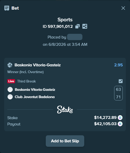 Bet slip: Baskonia Vitoria-Gasteiz - Club Joventut Badalona, $16,009.97 stake at 2.95 odds, placed by Prettylfacko98