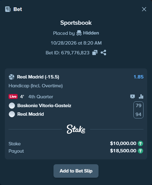 Bet slip: Baskonia Vitoria-Gasteiz - Real Madrid, $10,010.00 stake at 1.85 odds, placed by Hidden
