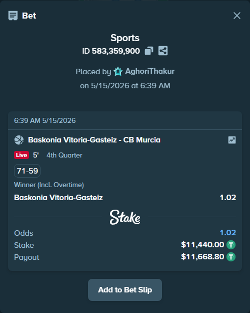 Bet slip: Baskonia Vitoria-Gasteiz - UCAM Murcia, $11,440.00 stake at 1.02 odds, placed by AghoriThakur