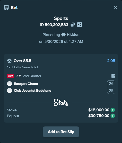 Bet slip: Basquet Girona - Club Joventut Badalona, $15,015.00 stake at 2.05 odds, placed by Hidden