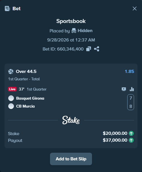 Bet slip: Basquet Girona - UCAM Murcia, $20,000.00 stake at 1.85 odds, placed by Kriski99
