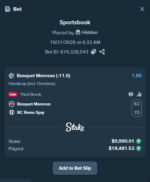 Bet slip: Basquet Manresa - BC Roma Spqr, $10,000.00 stake at 1.85 odds, placed by Hidden