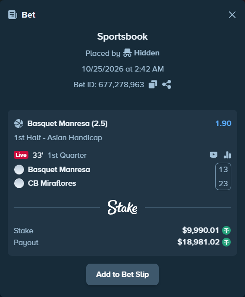 Bet slip: Basquet Manresa - CB San Pablo Burgos, $10,000.00 stake at 1.90 odds, placed by Hidden
