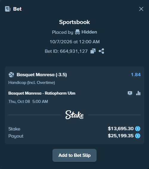 Bet slip: Basquet Manresa - Ulm Basketball, $13,695.30 stake at 1.84 odds, placed by Hidden