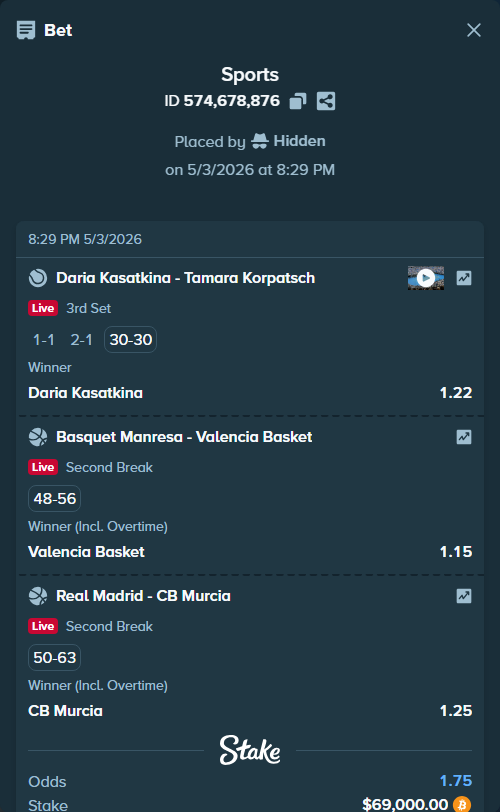 Bet slip: Basquet Manresa - Valencia Basket, $56,552.09 stake at 1.15 odds, placed by Hidden