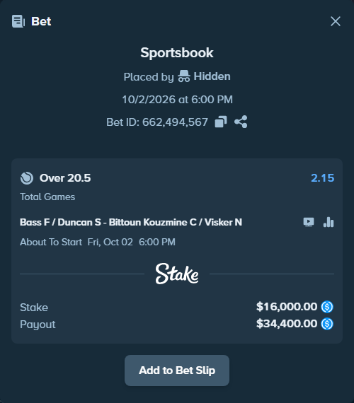 Bet slip: Bass F / Duncan S - Bittoun Kouzmine C / Visker N, $16,000.00 stake at 2.15 odds, placed by Hidden