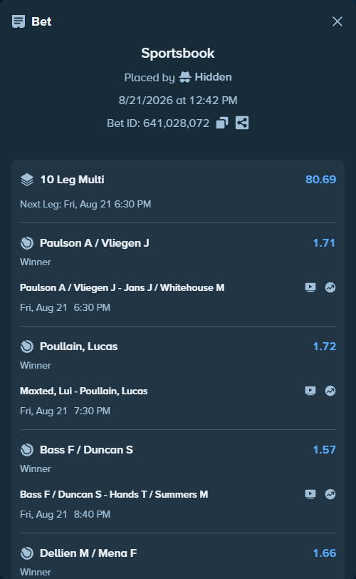 Bet slip: Bass F / Duncan S - Hands T / Summers M, $17,648.50 stake at 1.57 odds, placed by Hidden