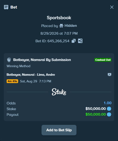 Bet slip: Batbayar, Namsrai - Lima, Andre, $50,000.00 stake at 12.00 odds, placed by Hidden