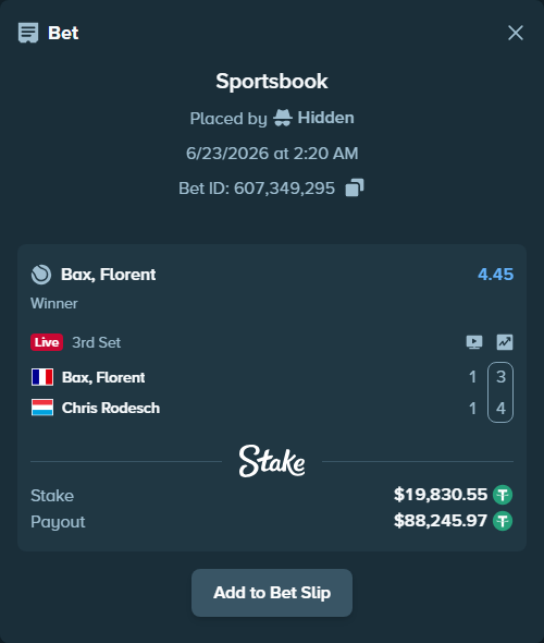 Bet slip: Bax, Florent - Chris Rodesch, $19,850.39 stake at 4.45 odds, placed by Hidden