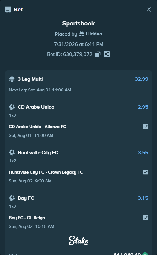 Bet slip: Bay FC - Seattle Reign FC, $14,964.35 stake at 3.15 odds, placed by Hidden