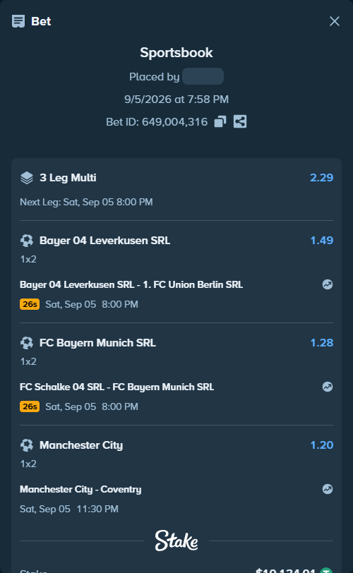 Bet slip: Bayer 04 Leverkusen SRL - Union Berlin SRL, $10,133.00 stake at 1.49 odds, placed by KOHINUR7474