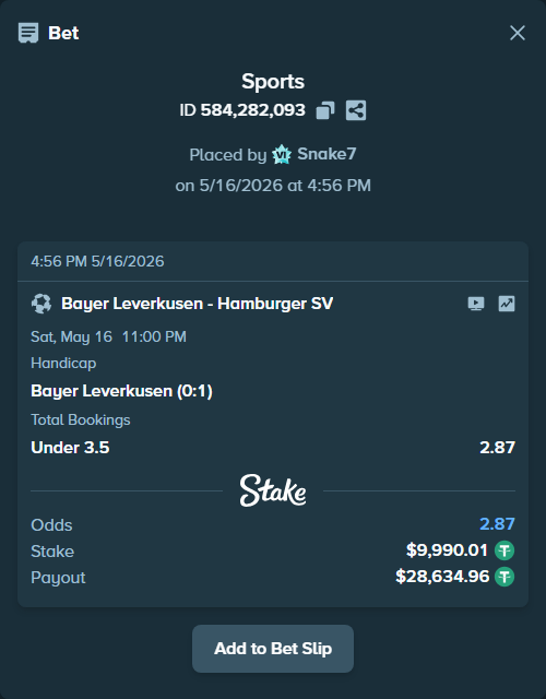 Bet slip: Bayer Leverkusen - Hamburger SV, $10,000.00 stake at 1.71 odds, placed by Snake7