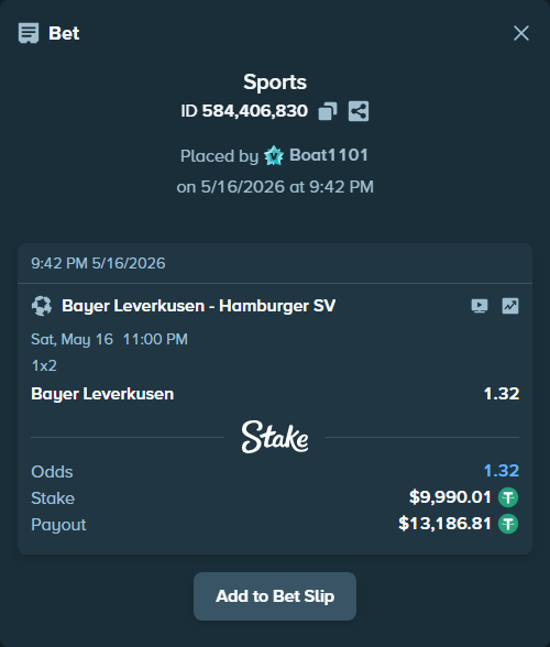 Bet slip: Bayer Leverkusen - Hamburger SV, $10,000.00 stake at 1.32 odds, placed by Boat1101