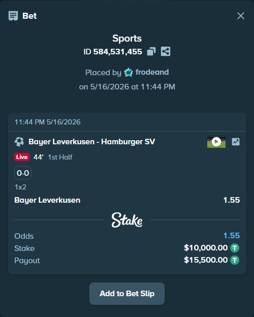 Bet slip: Bayer Leverkusen - Hamburger SV, $10,000.00 stake at 1.55 odds, placed by frodeand