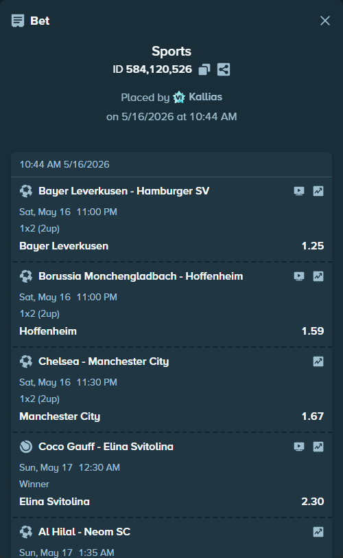 Bet slip: Bayer Leverkusen - Hamburger SV, $9,435.18 stake at 1.25 odds, placed by Kallias