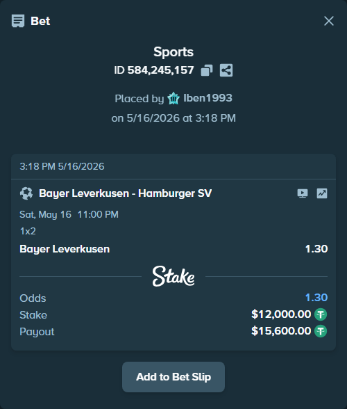 Bet slip: Bayer Leverkusen - Hamburger SV, $12,012.00 stake at 1.30 odds, placed by Iben1993