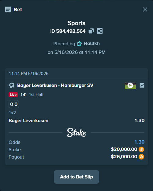 Bet slip: Bayer Leverkusen - Hamburger SV, $16,470.38 stake at 1.30 odds, placed by Hallfkh