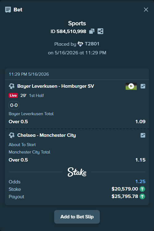 Bet slip: Bayer Leverkusen - Hamburger SV, $20,579.00 stake at 1.09 odds, placed by T2801