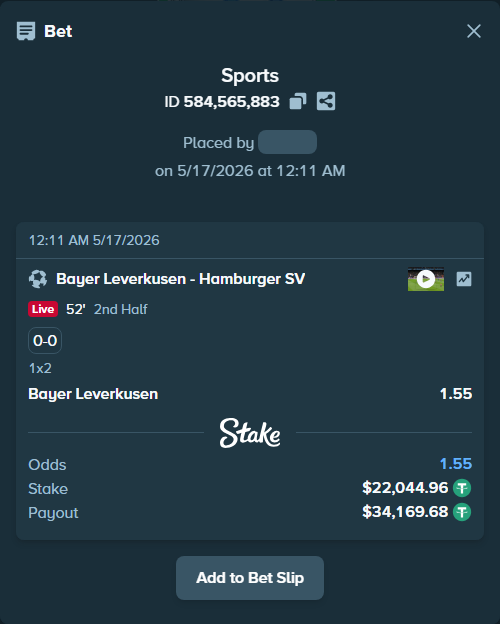 Bet slip: Bayer Leverkusen - Hamburger SV, $22,067.00 stake at 1.55 odds, placed by Atte90