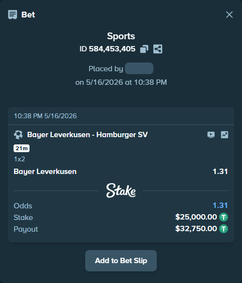 Bet slip: Bayer Leverkusen - Hamburger SV, $25,000.00 stake at 1.31 odds, placed by Celestinex