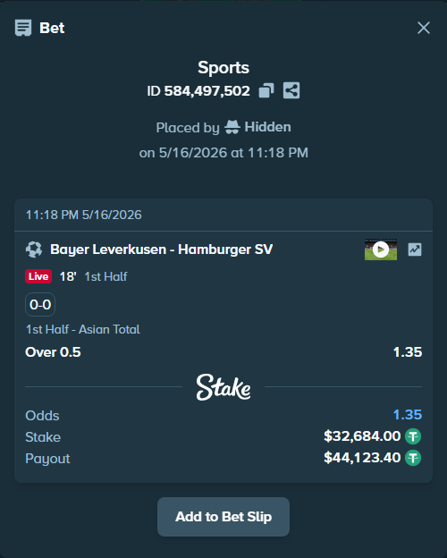 Bet slip: Bayer Leverkusen - Hamburger SV, $32,684.00 stake at 1.35 odds, placed by Hidden