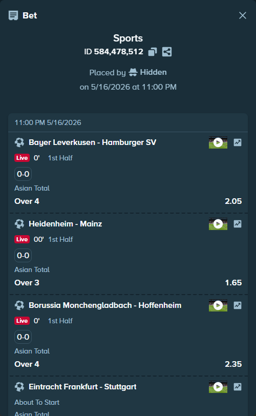 Bet slip: Bayer Leverkusen - Hamburger SV, $65,000.00 stake at 2.05 odds, placed by Hidden