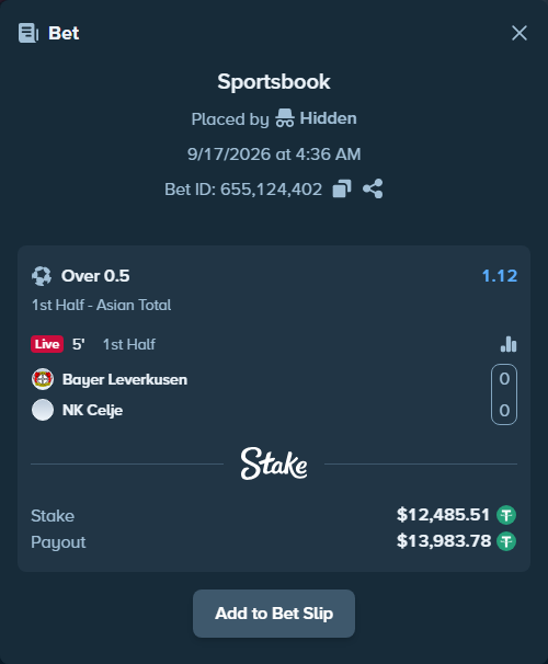 Bet slip: Bayer Leverkusen - NK Celje, $12,498.00 stake at 1.12 odds, placed by Hidden