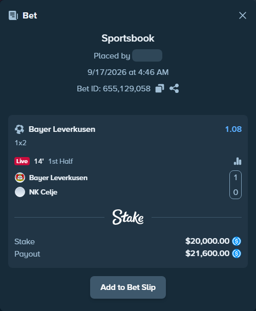 Bet slip: Bayer Leverkusen - NK Celje, $20,000.00 stake at 1.08 odds, placed by Enghandreas