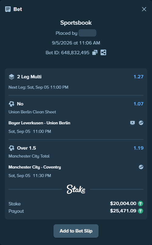 Bet slip: Bayer Leverkusen - Union Berlin, $20,000.00 stake at 1.07 odds, placed by Thenewdon16