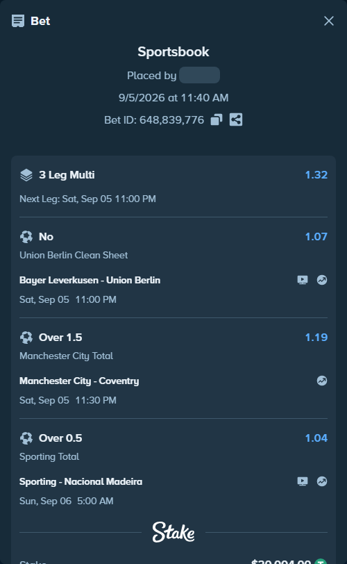 Bet slip: Bayer Leverkusen - Union Berlin, $20,000.00 stake at 1.07 odds, placed by Thenewdon16