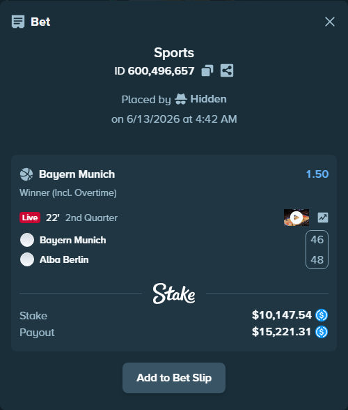 Bet slip: Bayern Munich - Alba Berlin, $10,147.54 stake at 1.50 odds, placed by Hidden