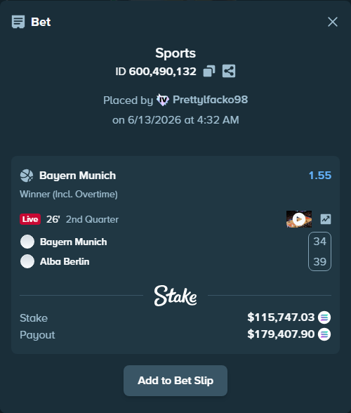 Bet slip: Bayern Munich - Alba Berlin, $126,180.30 stake at 1.55 odds, placed by Prettylfacko98