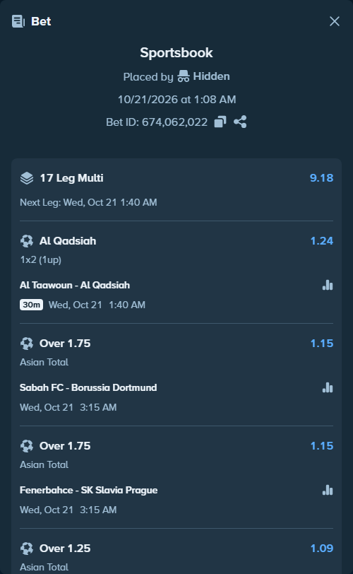 Bet slip: Bayern Munich - Arsenal, $10,000.00 stake at 1.11 odds, placed by Alza3em
