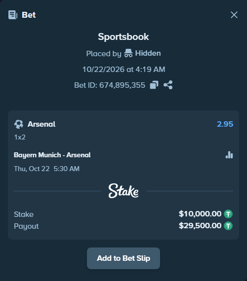 Bet slip: Bayern Munich - Arsenal, $10,010.00 stake at 2.95 odds, placed by erlendw00