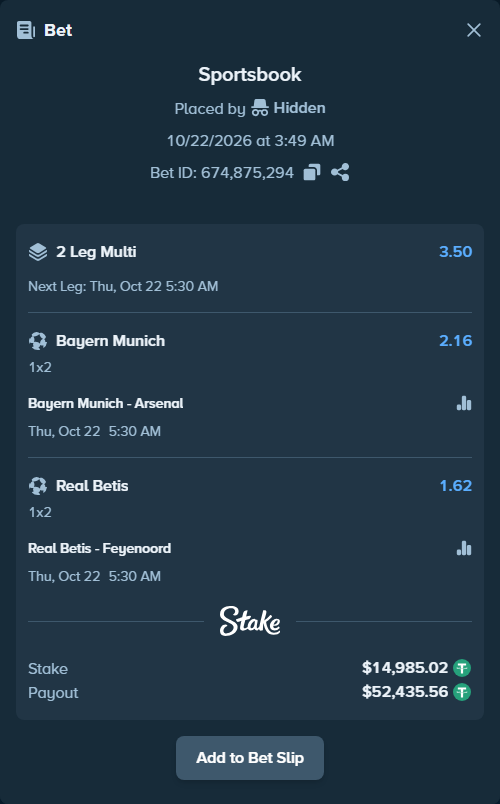 Bet slip: Bayern Munich - Arsenal, $15,000.00 stake at 2.16 odds, placed by ashaark
