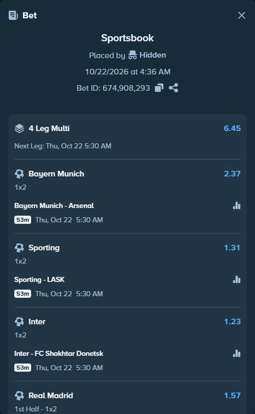 Bet slip: Bayern Munich - Arsenal, $15,000.00 stake at 2.37 odds, placed by ashaark