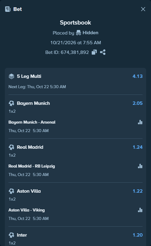 Bet slip: Bayern Munich - Arsenal, $15,396.82 stake at 2.05 odds, placed by Saiddh94