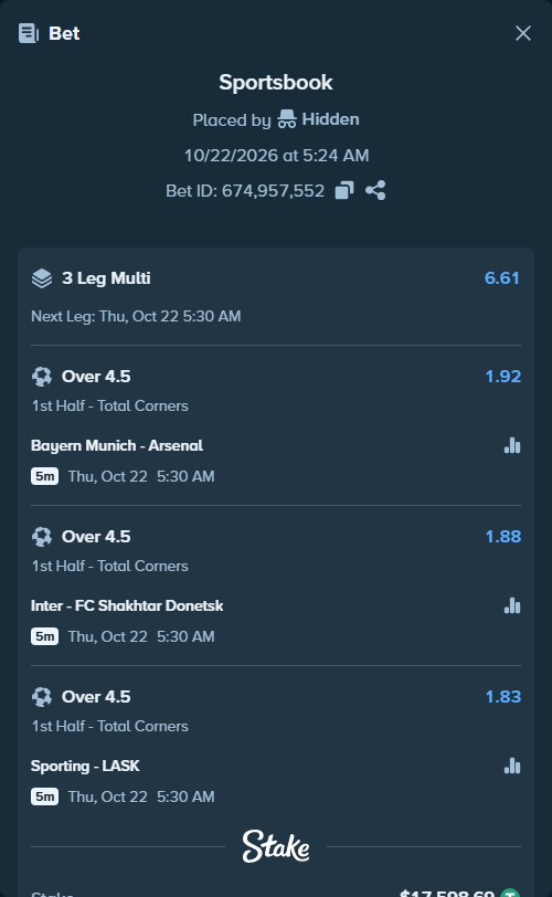 Bet slip: Bayern Munich - Arsenal, $17,616.29 stake at 1.92 odds, placed by Hidden
