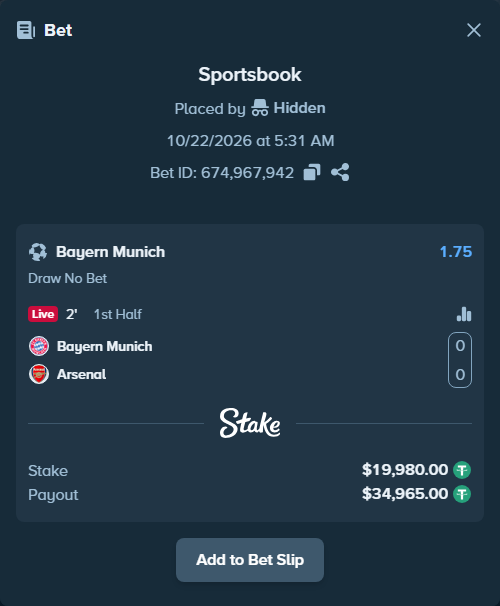 Bet slip: Bayern Munich - Arsenal, $19,999.98 stake at 1.75 odds, placed by Othmane2kiks
