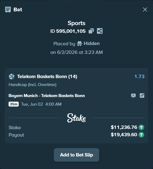 Bet slip: Bayern Munich - Baskets Bonn, $11,248.00 stake at 1.73 odds, placed by Hidden